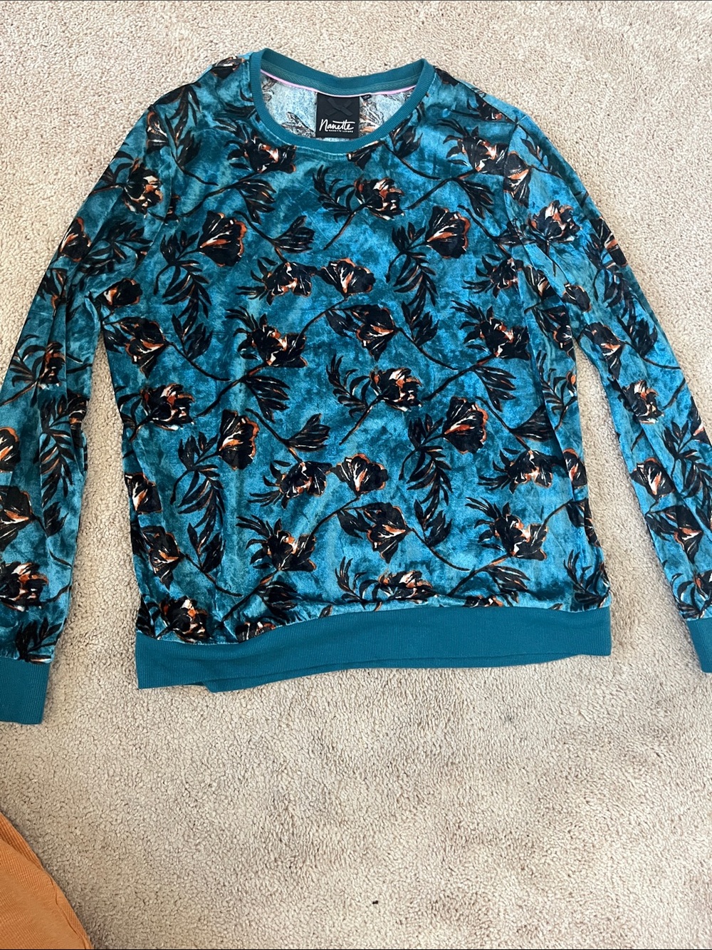 Nanette Lepore | Turquoise Floral Velvet-Look Crewneck Pullover | Size L